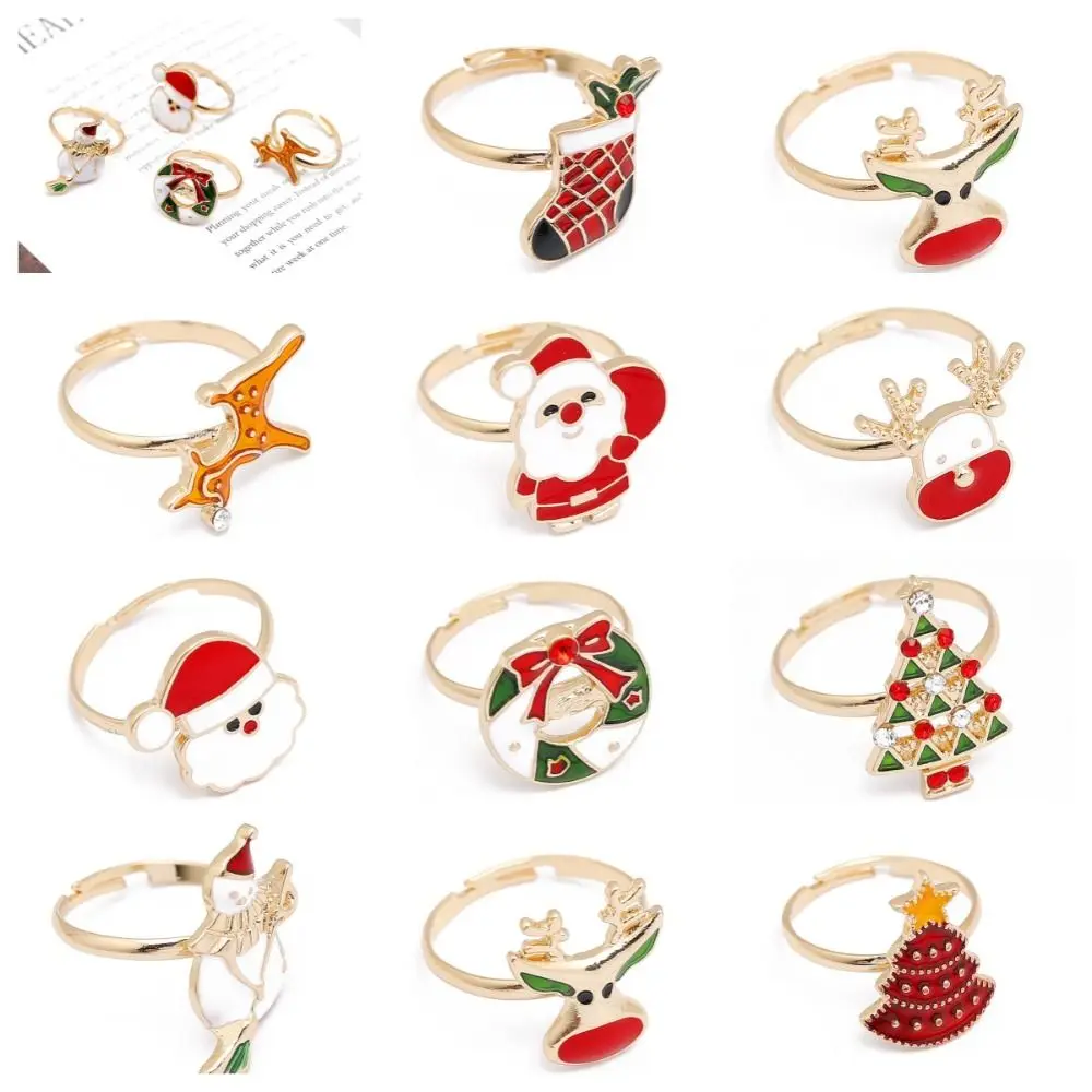 Vintage Christmas Tree Christmas Open Ring Dripping Oil Santa Cartoon Lovely Ring Snowman Cartoon Xmas Jewelry Friend