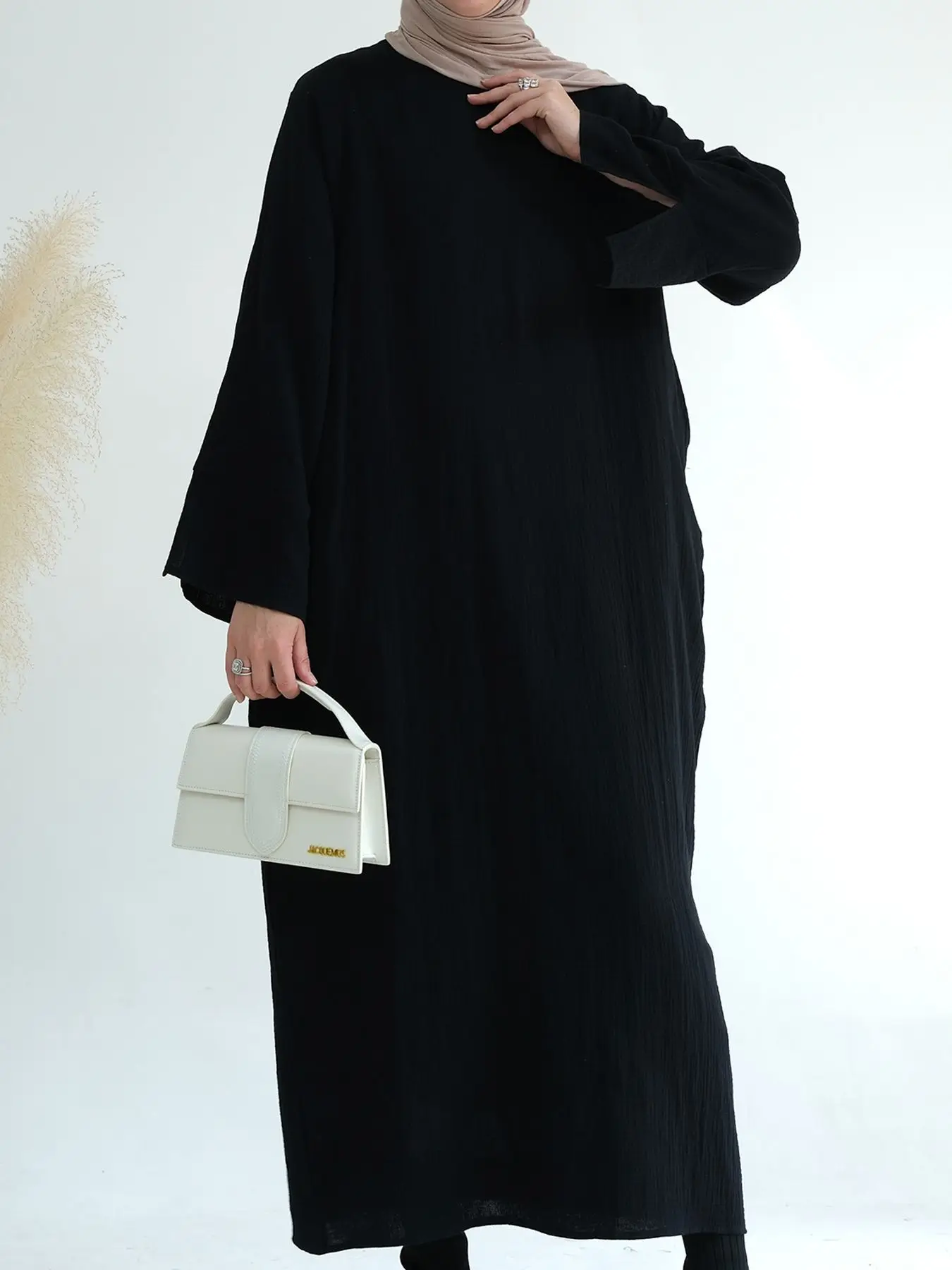 Manica intera turco modesto Abaya abito lungo O collo 100% cotone donna musulmano marocchino caftano Jalabiya Islam Dubai abiti tasche