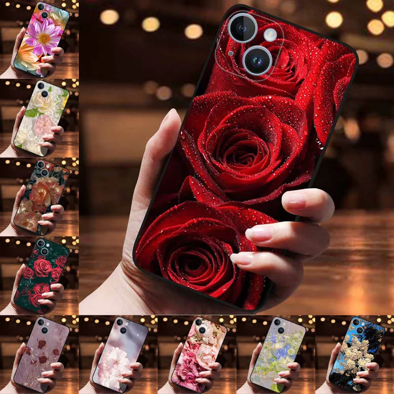 Red Roses Funda Phone Case For iPhone 16 Pro 14 Plus 15 13 Pro Max Mini protector iphone 16 Back Cover Luxury Fashion Capa Shell