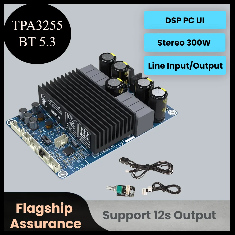 BDM8 Audio Amplifier Board  2022 300W+300W TPA3255 Bluetooth 5.3 Audio Amplifier DSP PC UI DC18-48V AUX input Volume Control