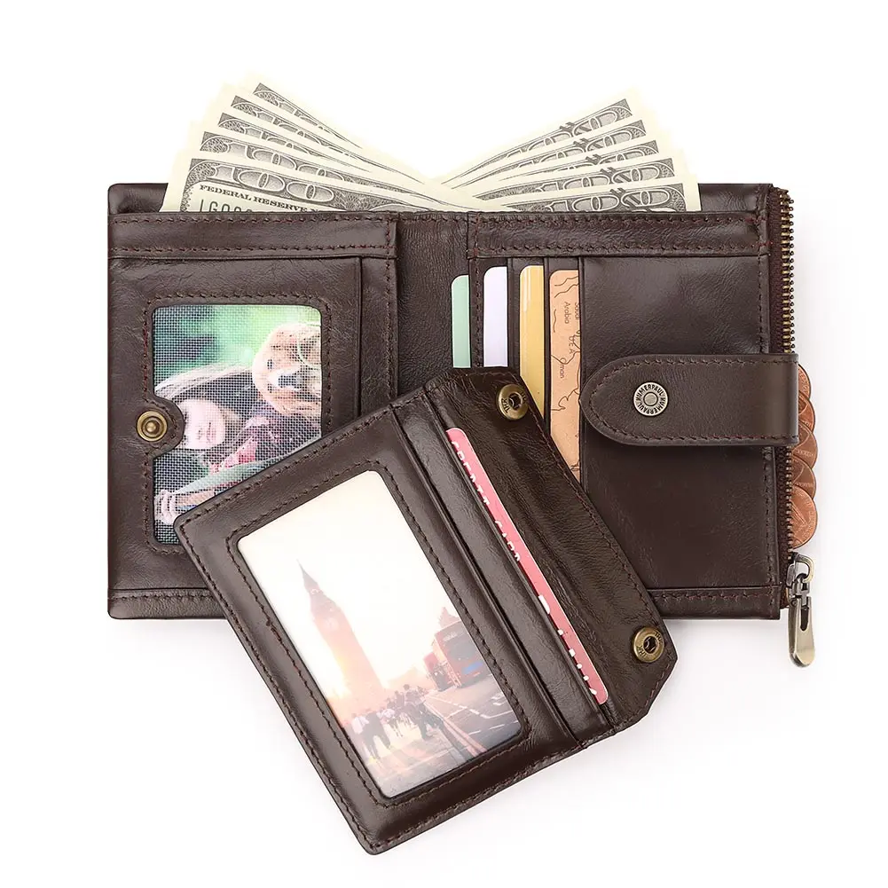 New Fashion Genuine Leather Women's Wallet Casual Quality Purse for Men Rfid Blocking Credit Card Holder with Zipper Coin Pocket