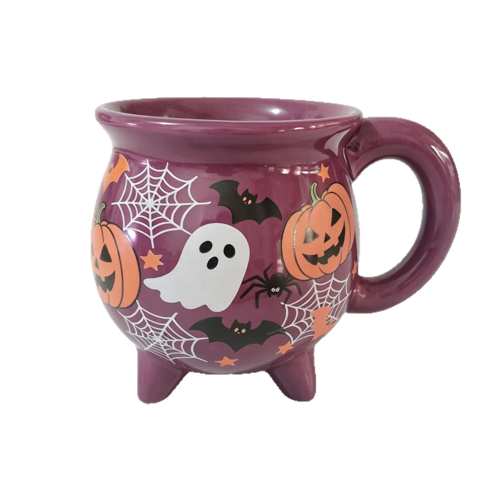 Halloween Witch Cauldron Mug, 12 Oz Novelty Ceramic Coffee Cup, Halloween Purple Witch Pumpkin Bat Spider Web Gothic Witchy Mono