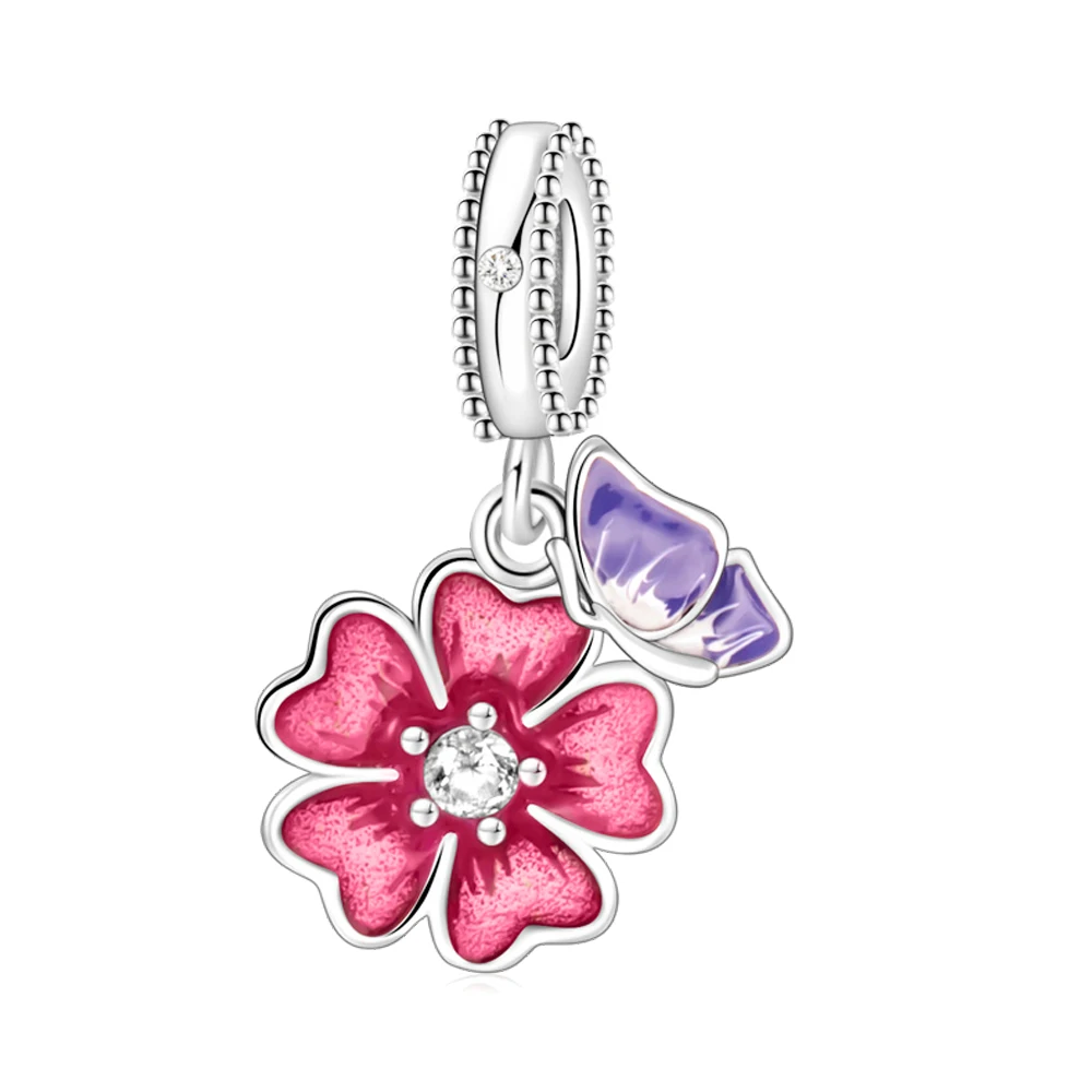 Pan Charms Original Peach Blossom Butterfly Dangle Charm Bracelet Pendant Jewelry