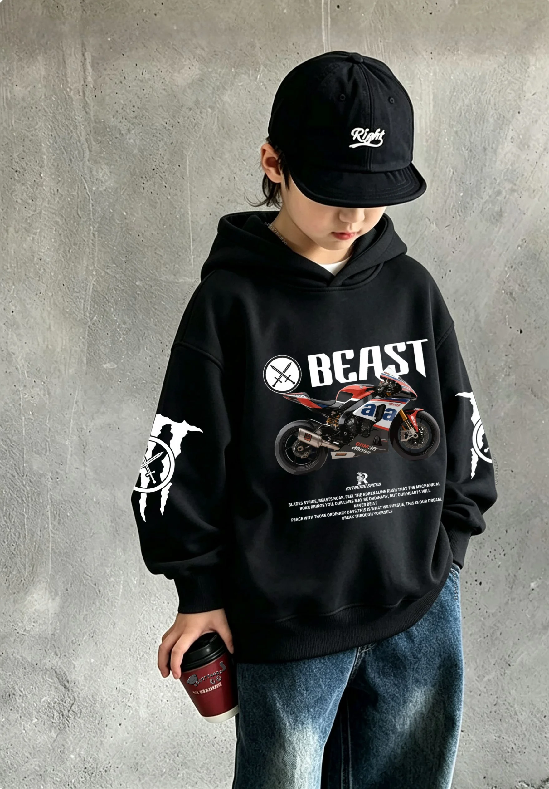 Y2K Beast trend motorcycle printed warm-up children's hooded sweatshirt, autumn-winter children's casual top