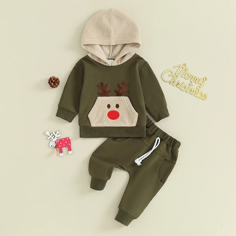 Baby Boy Girl Christmas Outfit Set with Reindeer Print Hoodie and Elastic Waist Pants for Winter Warmth and Style