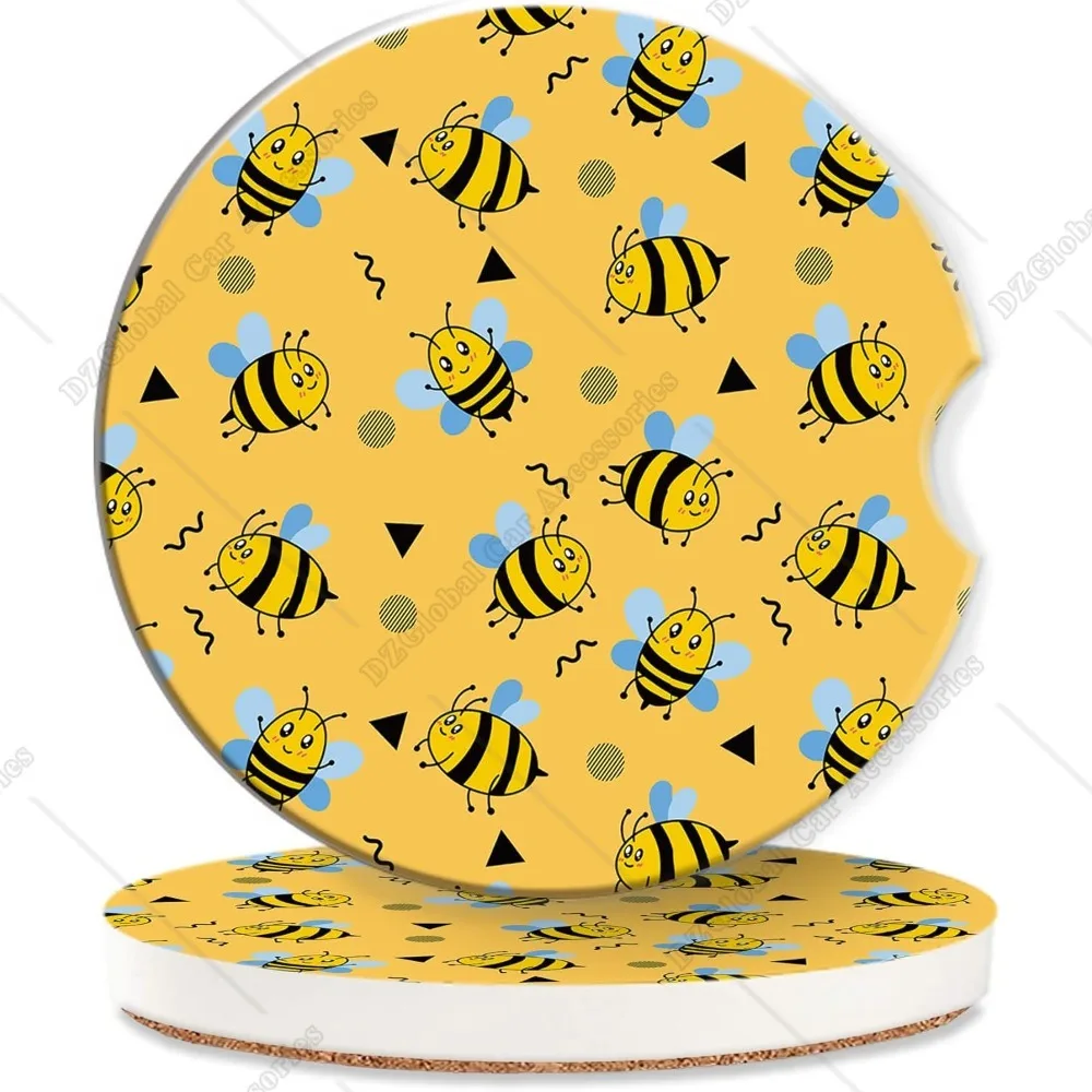 Car Coasters for Cup Holders 2 Pcs Cute Bees Absorbent Ceramic Coaster Yellow Animal Honeybee Car Cup Holder Non-Slip Auto Decor