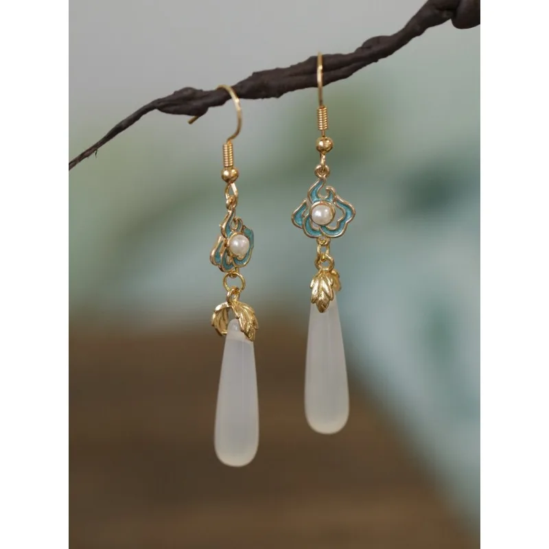 

Neo Chinese Song Dynasty Hanfu Water Drop Tassel Earrings Vintage Cool Tone Elegant Dangle Accessory for Women Beautiful Gift