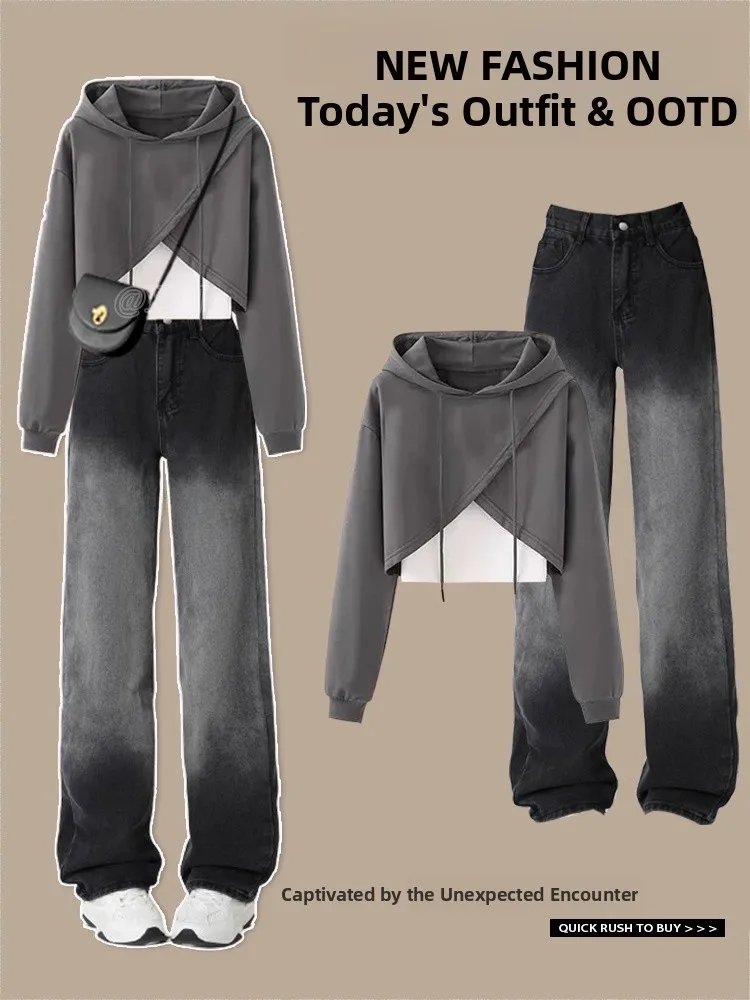 

Худи женское, повседневный дизайн, джинсы прямого кроя, комплект, осень 2025, новинка, маленький размер, модная уличная одежда, стильный