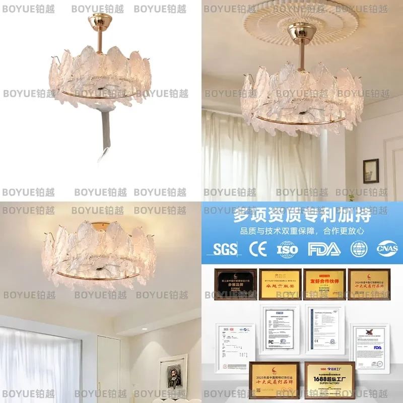 French Luxury Glass Ceiling Fan Light Retro Cream Style for Dining Room Living Room Bedroom Study Modern Decorative Lighting