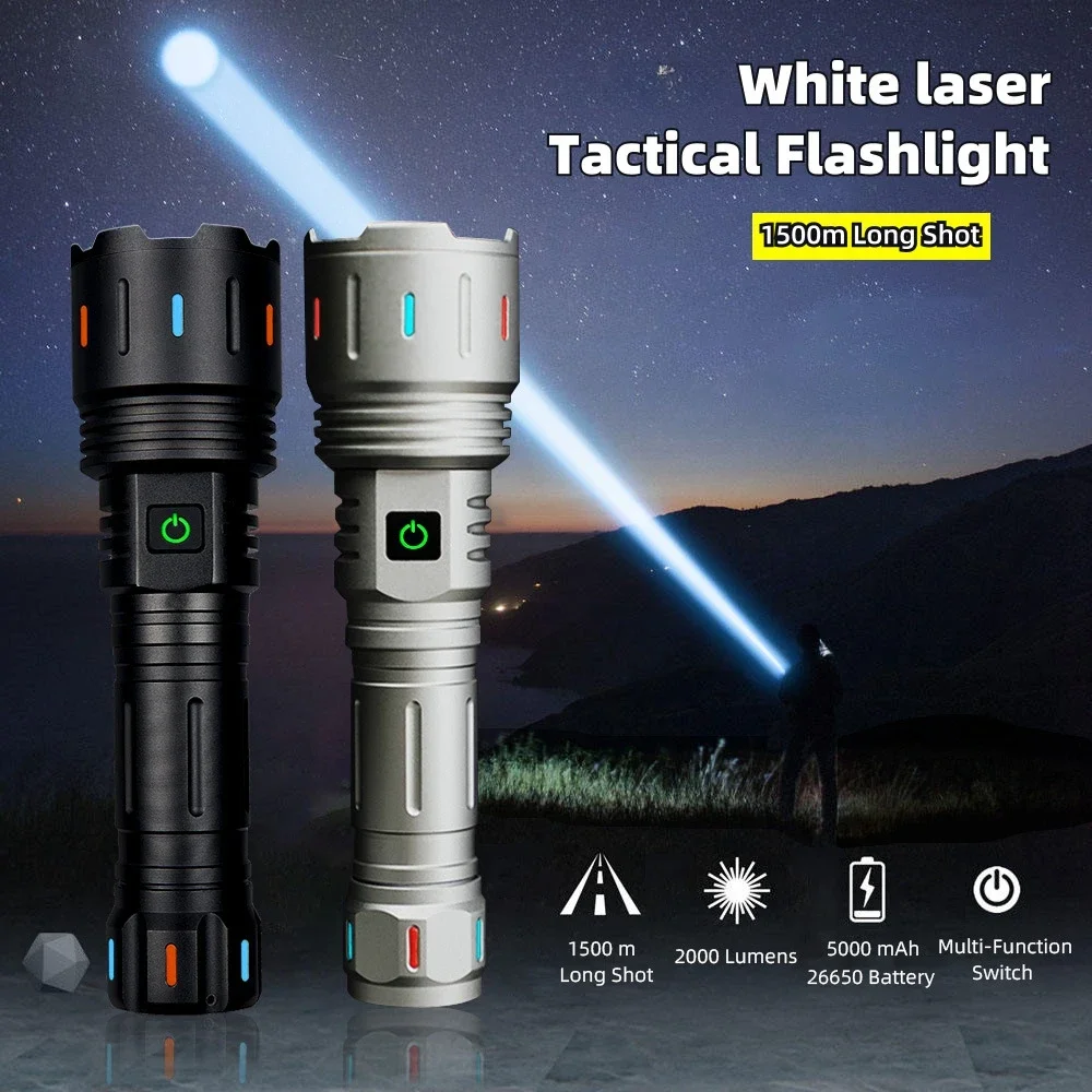 1500 Meters Super Bright White Laser LED Flashlight USB Rechargeable Torch 26650 Battery Outdoor Camping Emergency Flash Light