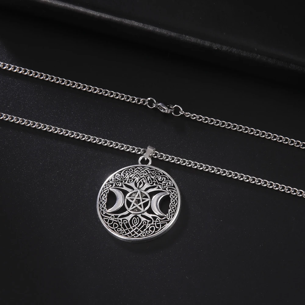 Dawapara Triple Moon Goddess Pendant Tree of Life Necklace Pentacle Pentagram Wiccan Good Luck Amulet Pagan Jewelry