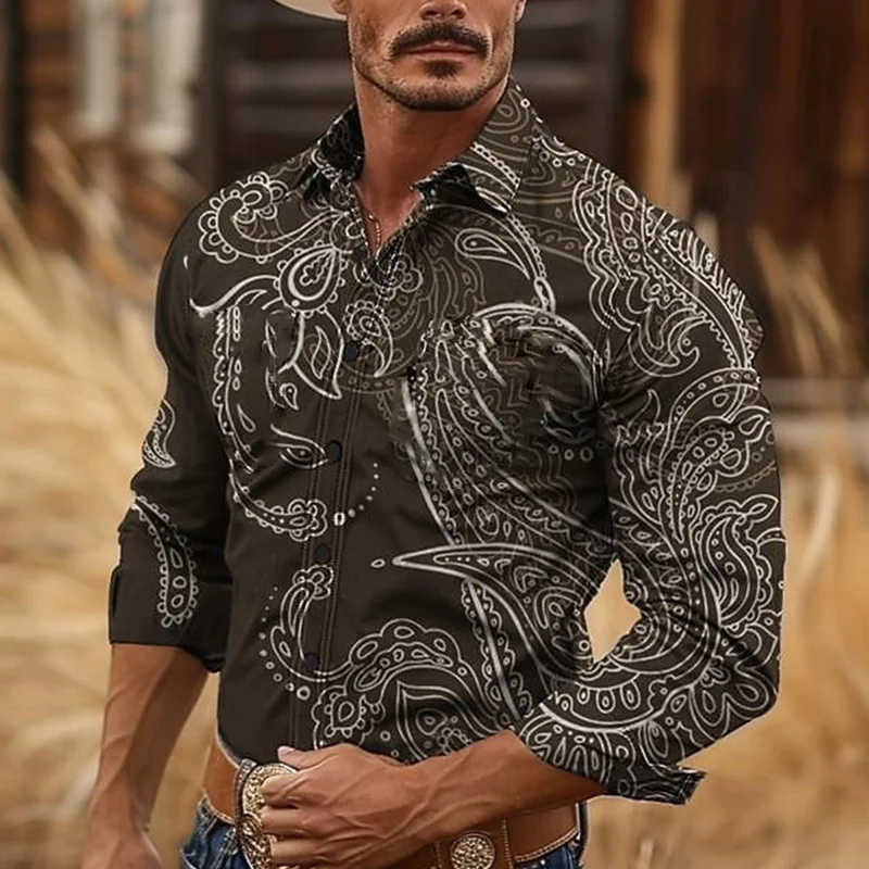 Men's Retro Western Cowboy Style 3D Printed Long Sleeve Shirt New Fashion High Quality Collar Shirt Casual Design Men's Clothing