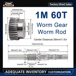 1pcs 1 Modulus 60 Teeth Reducer Worm Gear Process Hole And 1M Worm Rod Transmission Ratio 1:60 45# Steel For CNC Parts