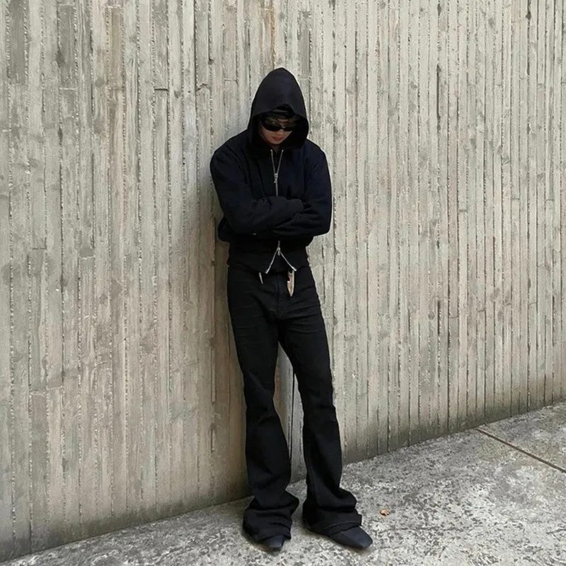 Dark Basic Black RO Men's Micro Flared Jeans Pants Floor Length Flared Pants European and American High Street Casual Pants