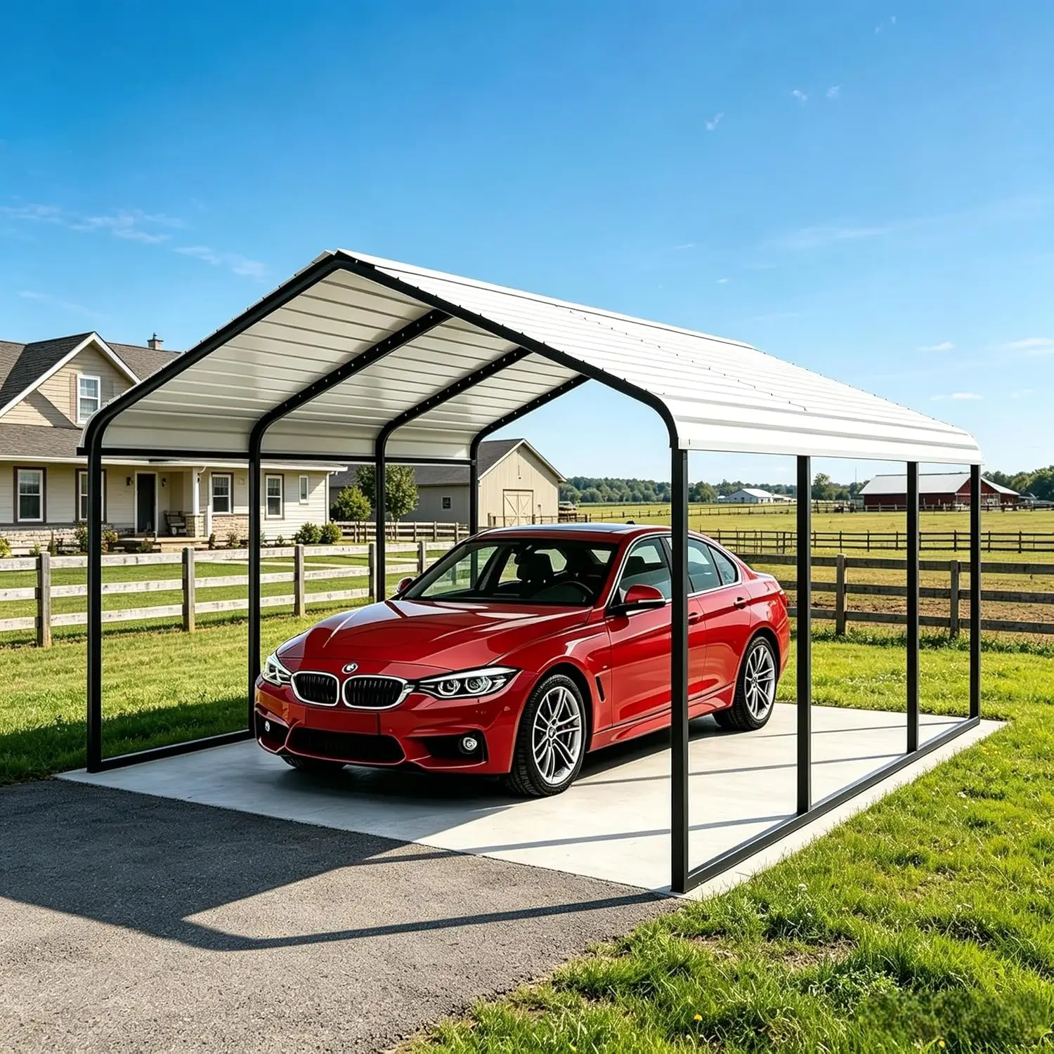 

White 10x15 ft Heavy Duty Metal Carport Kit, Galvanized Steel Frame Car Port Canopy, Steel Garage Cover for, Customized