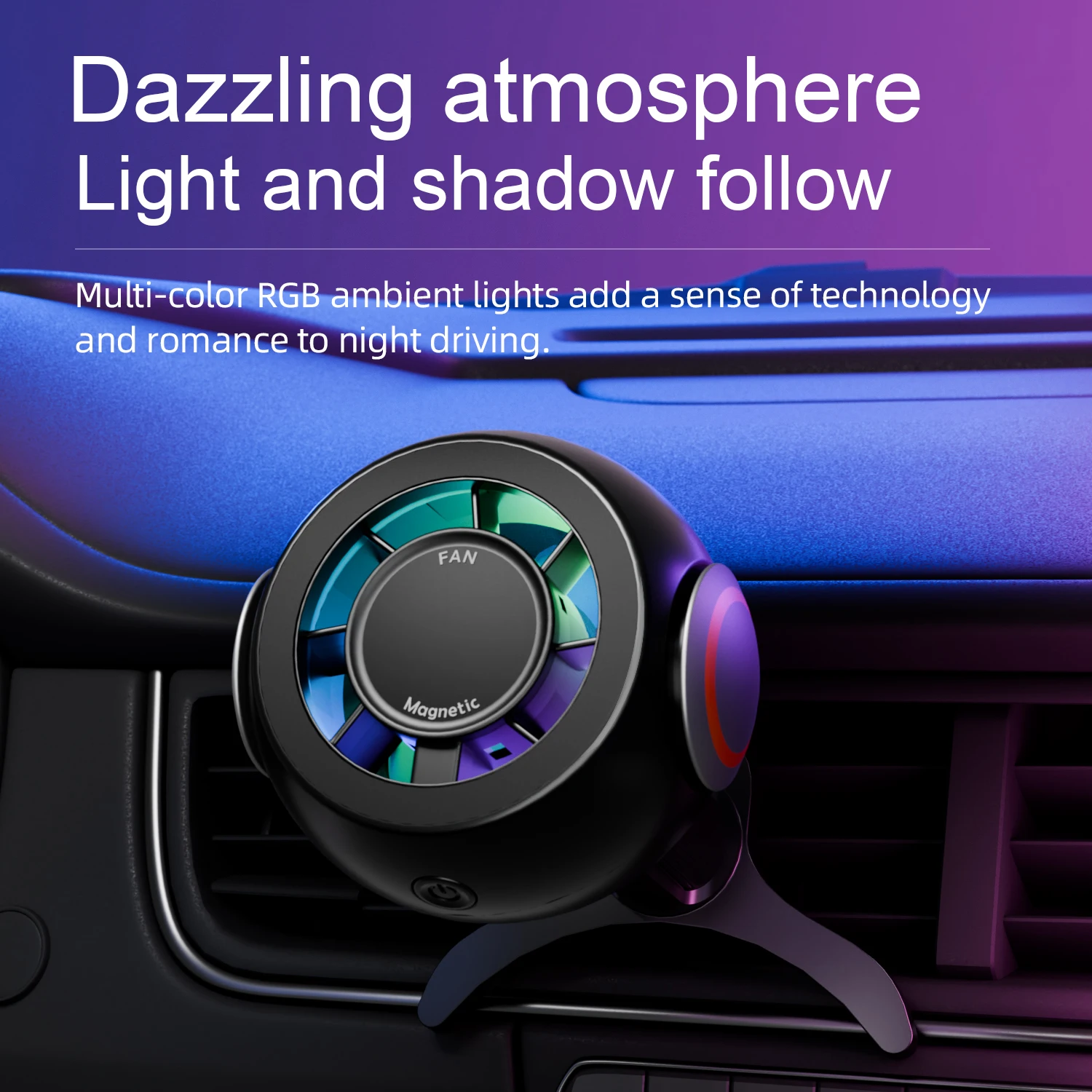 Magnetic Car Phone Holder Fan Cooling 15W Wireless Charging Mount RGB Ambient Light for iPhone 17 16 15 14 13 Samsung S26 Stand