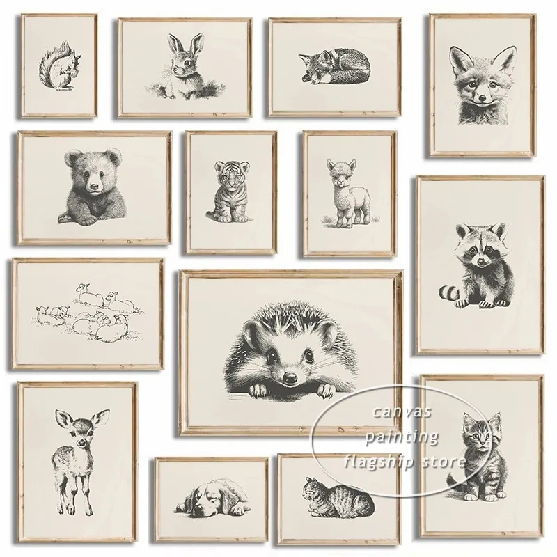 

Детские животные, енот, медведь, кошка, овца, еж, винтажный антикварный постер, печать на холсте, настенная художественная картина для домашнего декора в фермерском доме