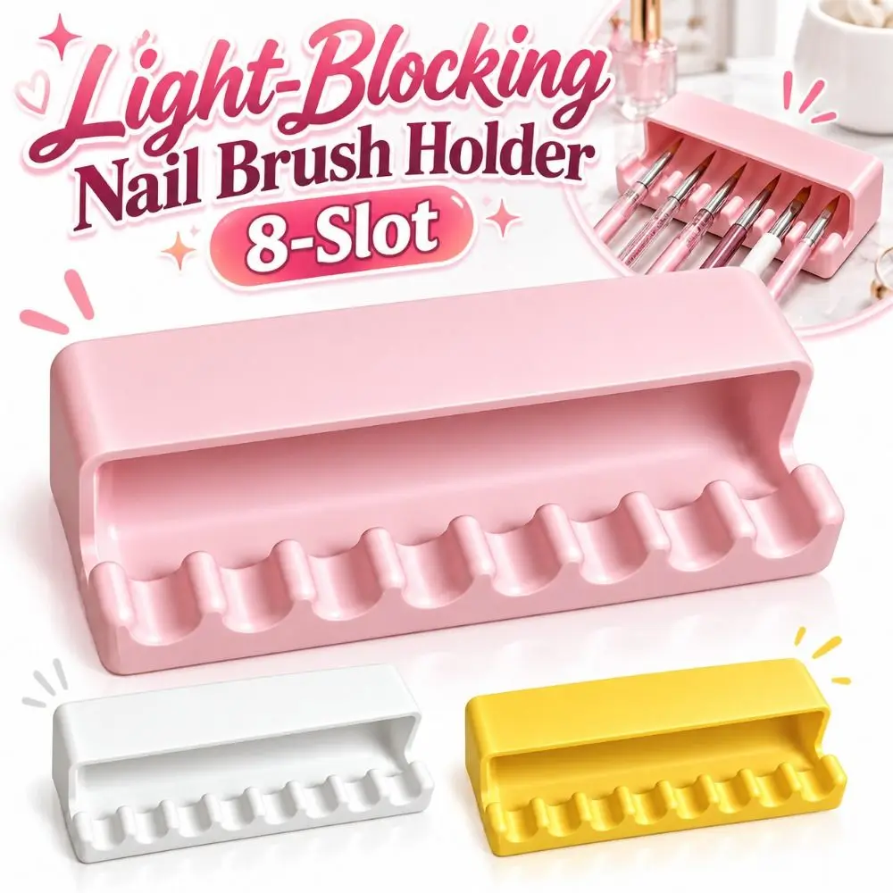 Light-Blocking Nail Brush Holder Plastic Leak-Proof Nail Brush Stand Non-slip 8-Slot Manicure Brush Organizer Nail Technician