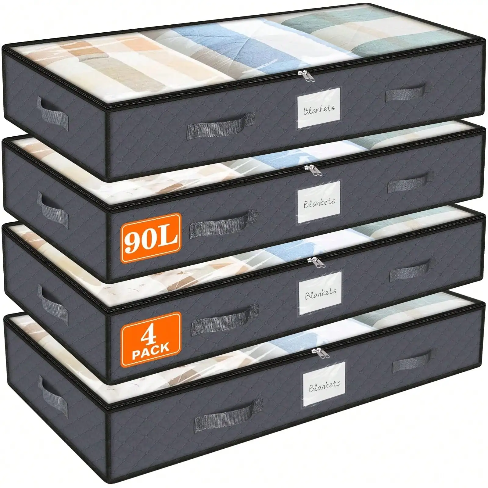 4pcs Under-Bed Storage Organizers With Transparent Window & Reinforced Handles - High Quality Non-Woven Fabric Foldable Large Capacity Blanket Storage Bags, Multi-Purpose Space-Saving Underbed Organizers For Clothes, Bedding, Linens, Under-Bed Storag
