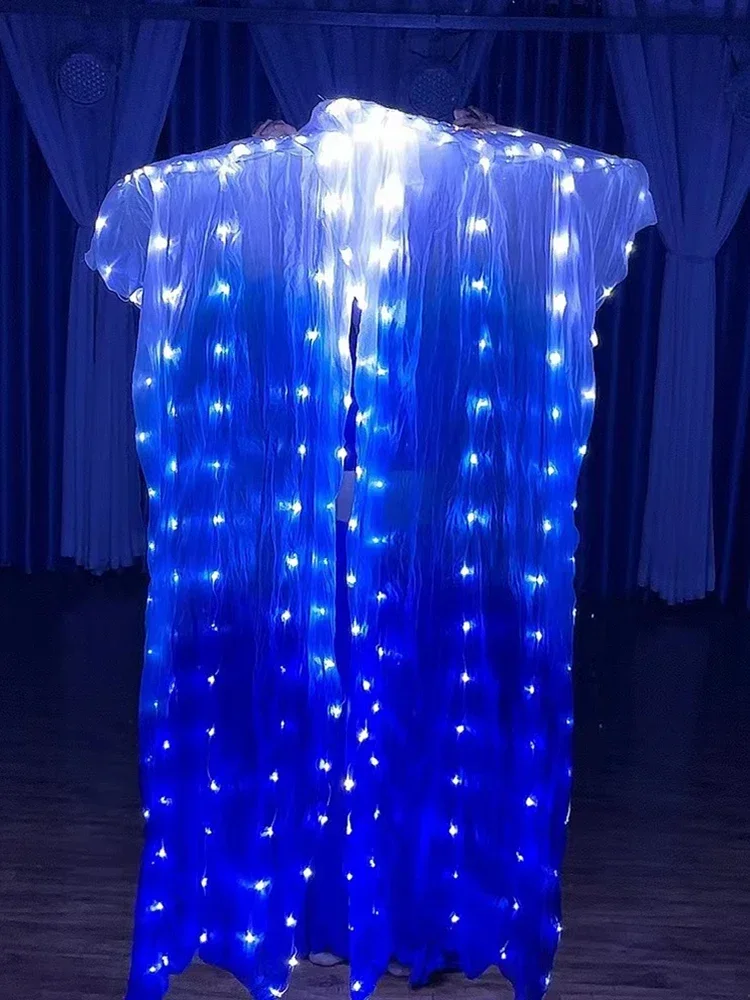 Fan white and blue gradual change silk fabric dance props cord string charging stage performance