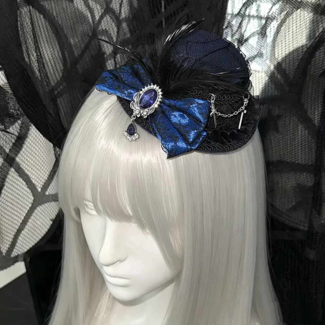 Retro Gothic Dark Bow Cross Chain Feather Mini Top Hat Hair Clip For Women Lolita Headpiece Elegant Hairpin Jewelry Accessories