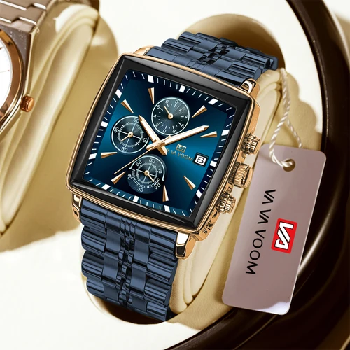 Reloj VA VOOM cuadrado de la mejor marca para hombre, Reloj cronógrafo luminoso resistente al agua con calendario, Reloj de cuarzo de acero inoxidable para hombre