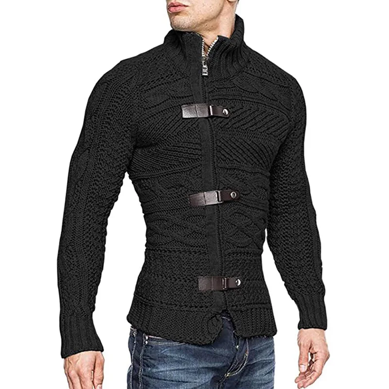 Men Sweaters 2023 Autumn Winter High Neck Sweater Men's Leather Buckle Long Sleeve Knitted Cardigan Coat Large Size Men Clothing