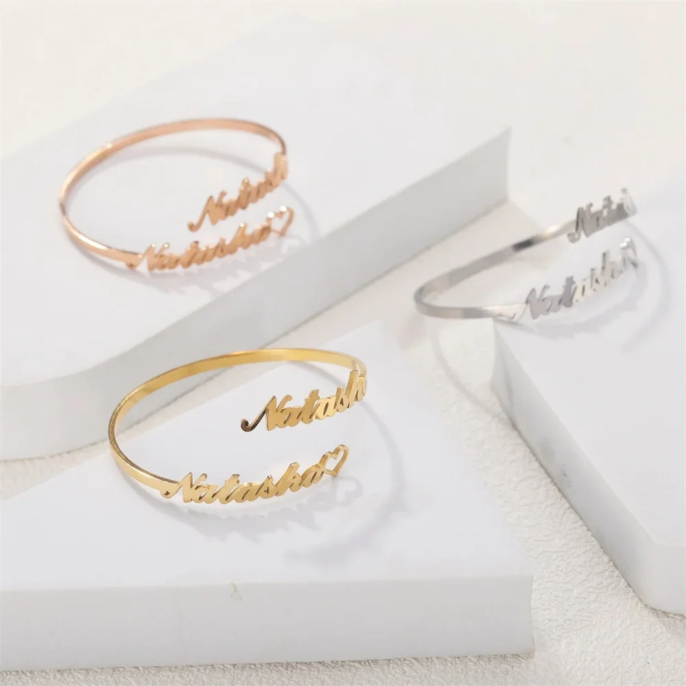 Stainless Steel Customized Bangle Personalized Two Names with Heart Bracelets for Women Couples Jewelry Valentine\'s Day Gift