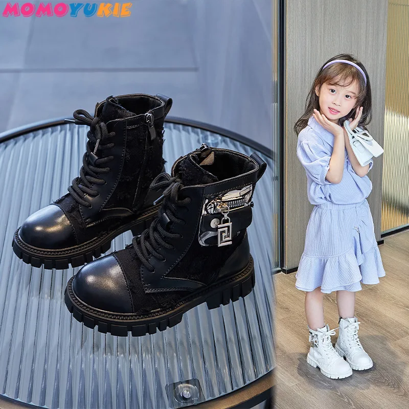 2023 Spring Autumn Korean Edition Children Fashion PU Tide Boots Girls Korean Style Versatile Pocket Retro Side Zip Ankle Boots