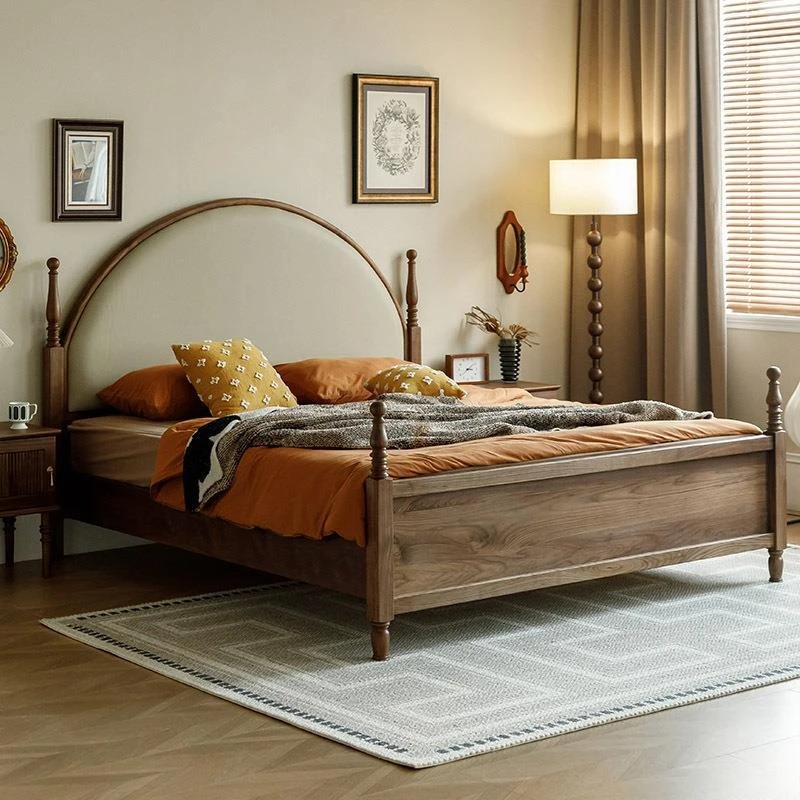 All solid wood retro 1.5 meters 1.8 master bedroom double bed leather soft rest