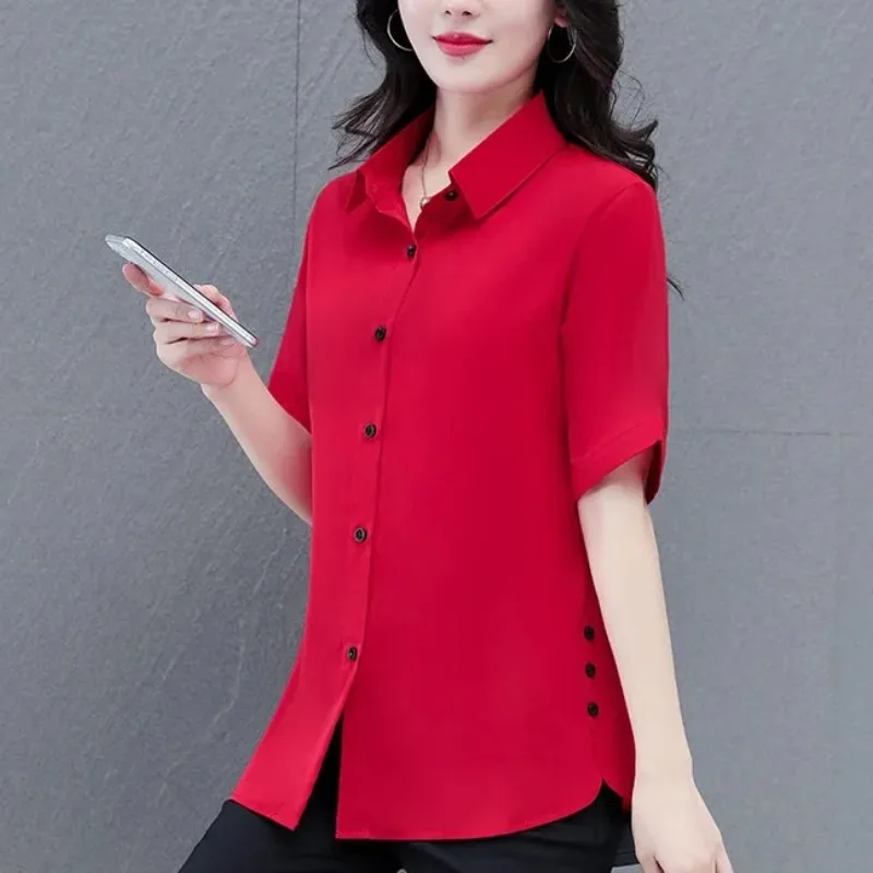 Women\'s Summer Solid Button Patchwork Short Sleeve Turn-down Collar Cardigan Shirt Coats Loose Clothing High Street Midi Tops