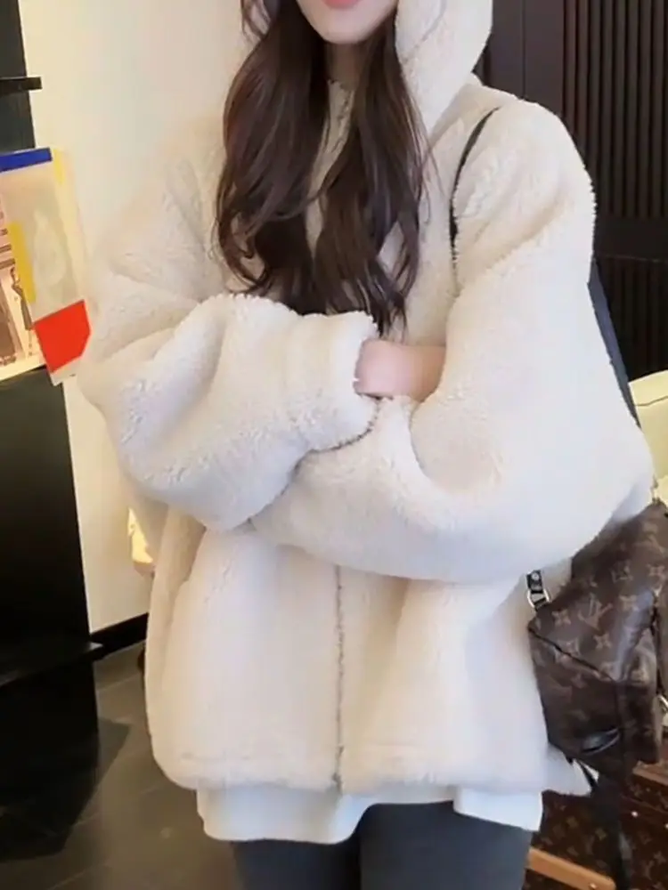 Korean Style Fashionable Lamb Fur Hooded Jacket Women's Autumn Winter New Simple Match All Cotton Sweatshirt Trendy Cardigan