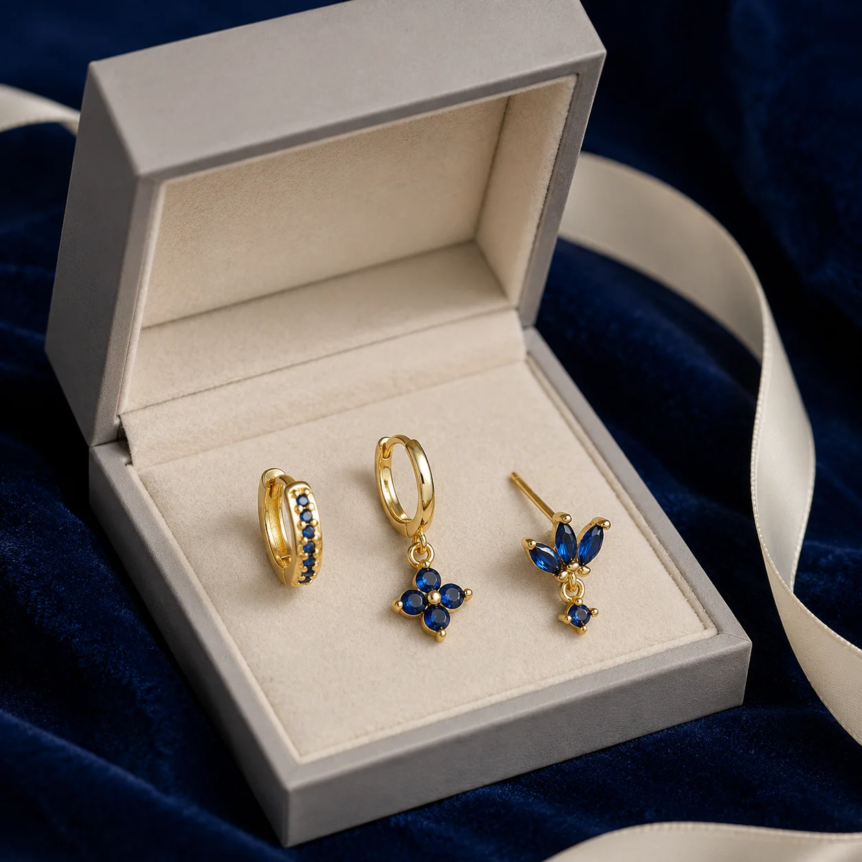Mit Geschenkbox 3-teiliges Funkelndes Zirkonia-Ohrring-Set für Damen 2 Farben Blumen-Ohrstecker und Huggie-Creolen Unpassender Schmuck Geschenk – Detail 12