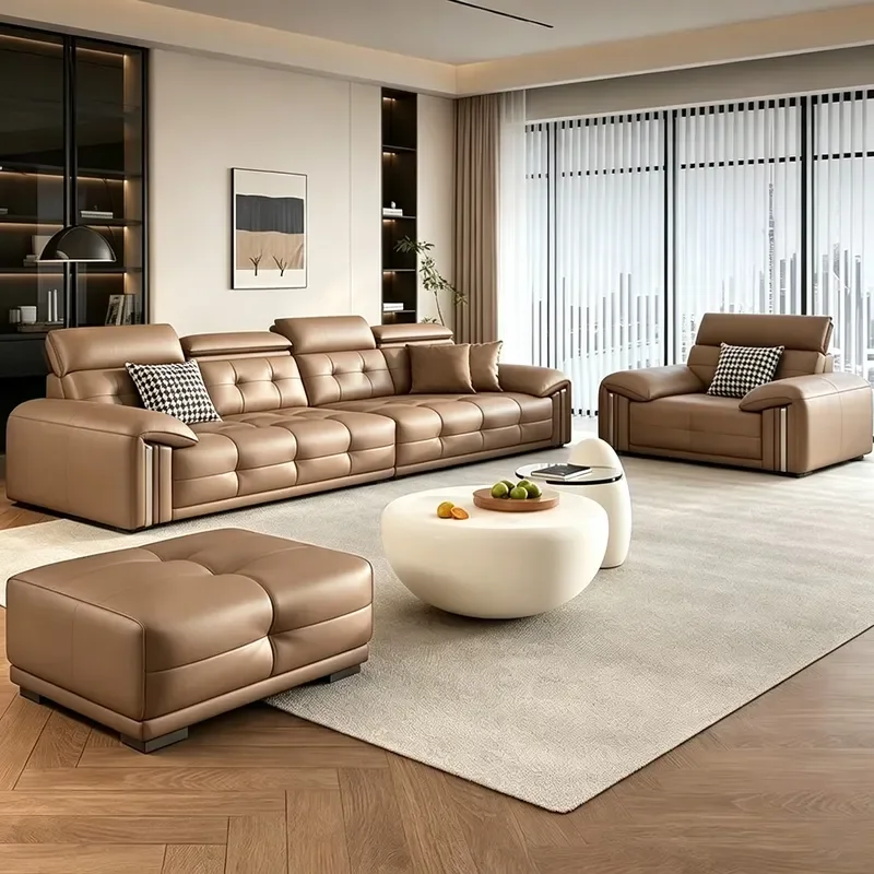 Elegant Brown Italian Leather Sofa Set with Adjustable Backrest Luxurious Comfortable 3 Seater Living Room Furniture
