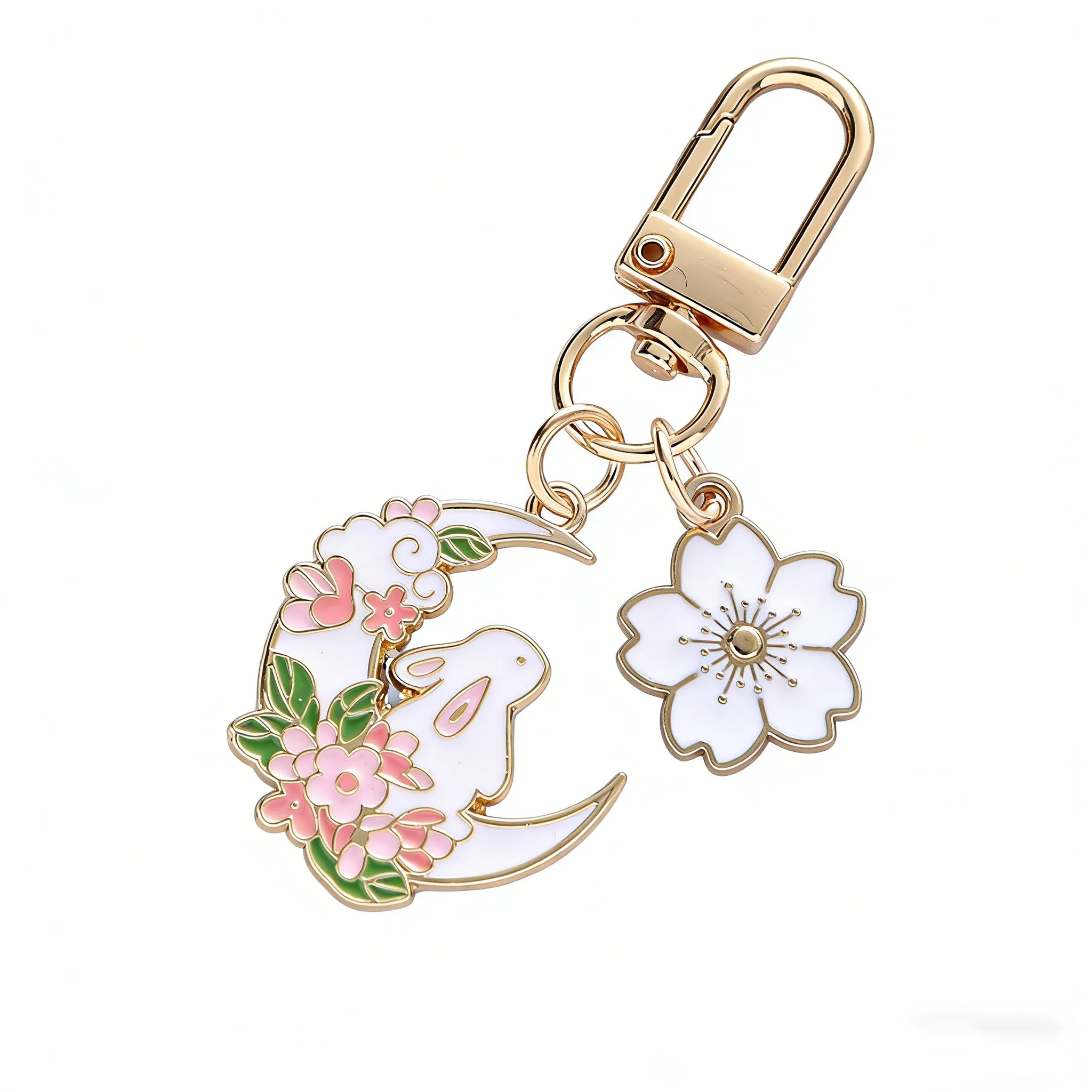 Mode Niedlichen Mond Kirsche Kaninchen Schlüsselbund für Frauen Süße Cartoon Emaille Gold Farbe Schlüssel Kette Tasche Auto Schlüssel Dekoration Mädchen Geschenk – Detail 5