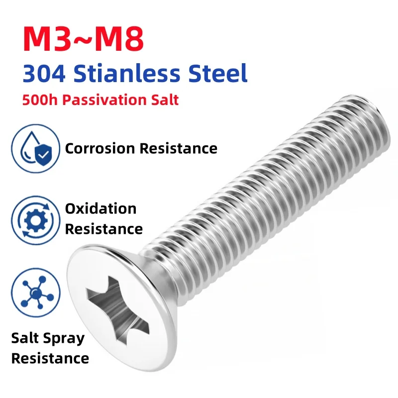 M3 M4 M5 M6 M8 304 Stianless Steel 500h Passivation Salt Spray Cross Flat Countersunk Head Screws Phillips Bolts
