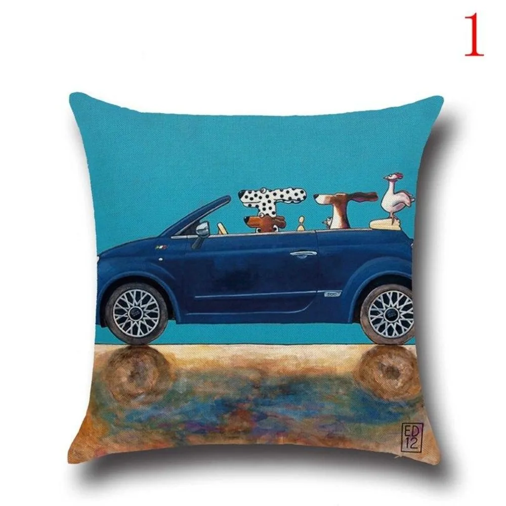 CIFBUY Lovely Cartoon Dog Driving Car Cushion Cover Vintage Beige Linen Pillow Case 45x45cm for Sofa Home Living Room Decor