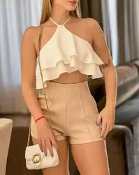 Summer Outfits for Women 2023 Sexy Ruffle Hem Halter Crop Top & Shorts Set Fashion Elegant Two Piece Set for Women