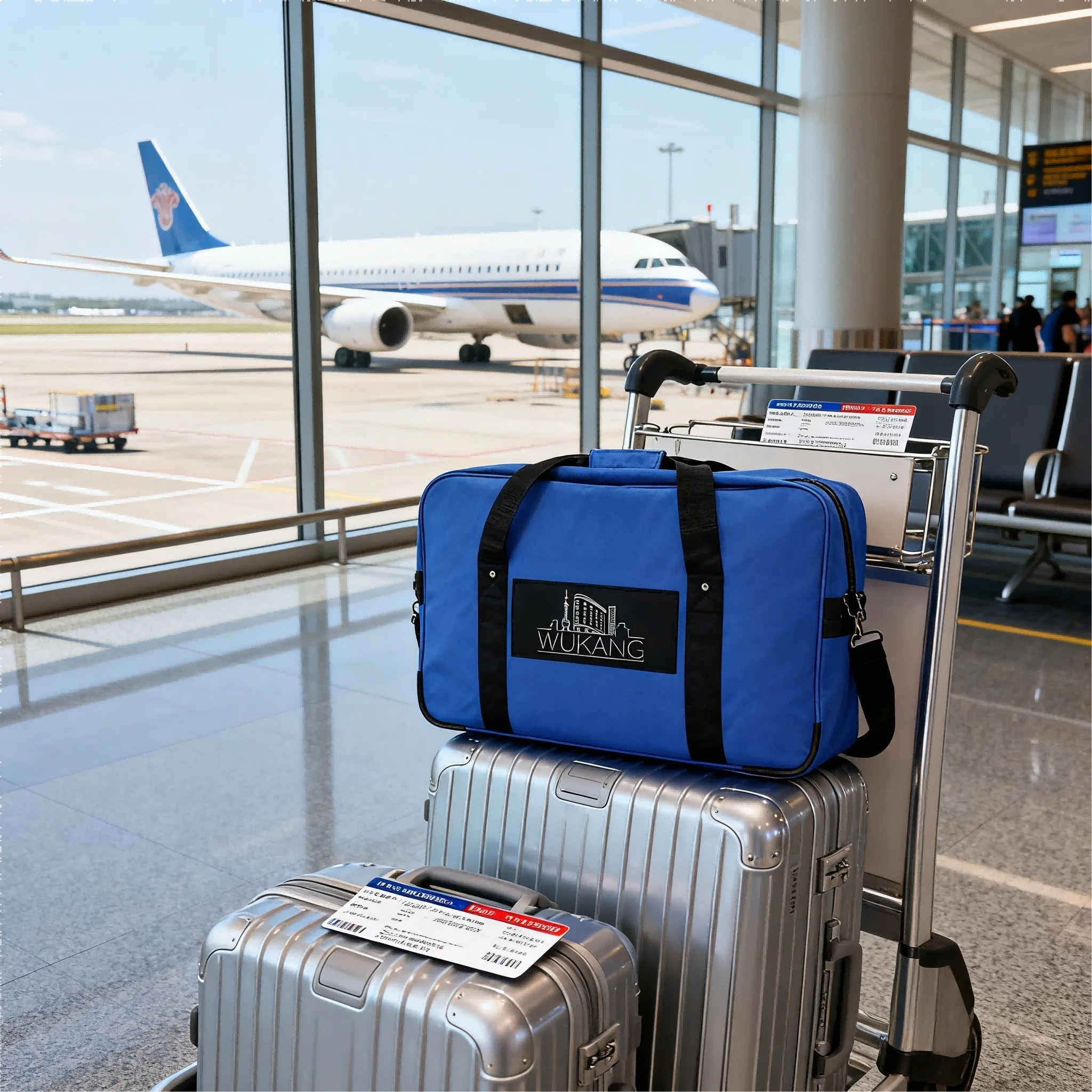 Borsa da viaggio blu con logo Wukang da 1 pezzo, durevole ed elegante, perfetta per le scariche del fine settimana