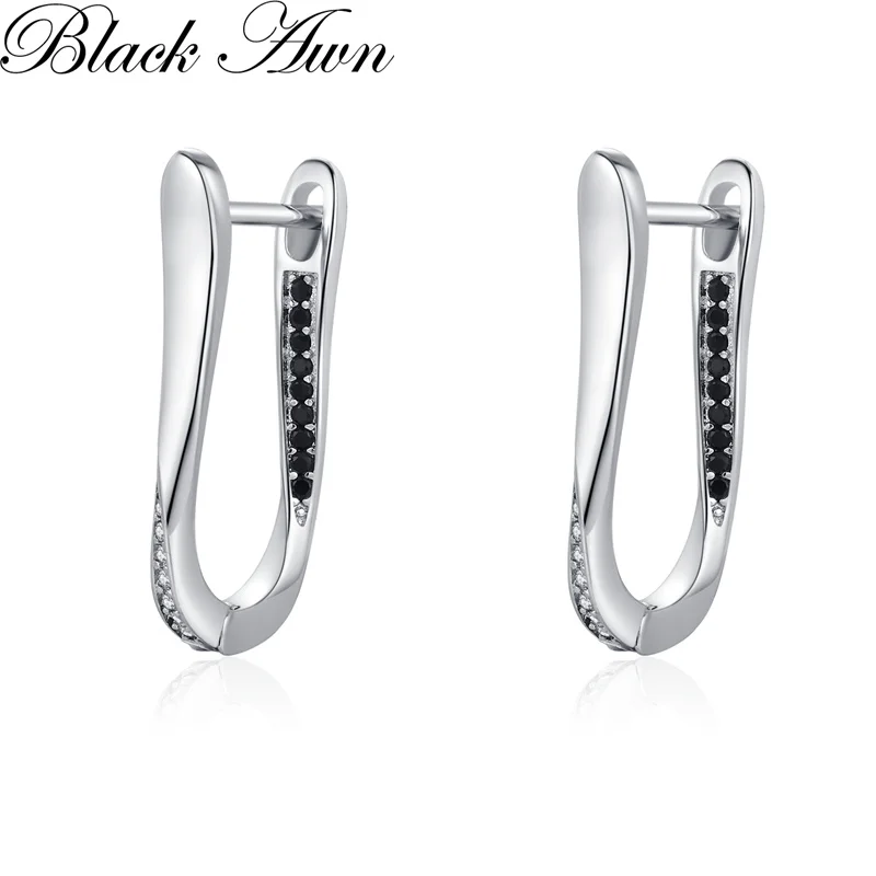 Black Awn Classic Silver Color Round Black Trendy Spinel Engagement Hoop Earrings for Women Jewelry Bijoux I315