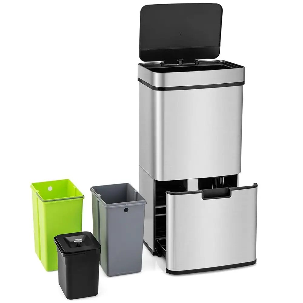 

Motion-Activated Stainless Steel Kitchen Trash Can with Removable Buckets and Soft-Close Lid