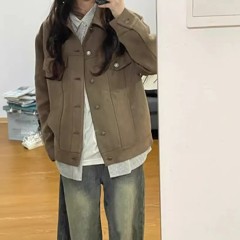 

Кожаное замшевое потертое пальто в американском стиле ретро для мужчин и женщин, осенний новый стиль, рабочая одежда для бойфренда в корейском стиле, однотонная куртка