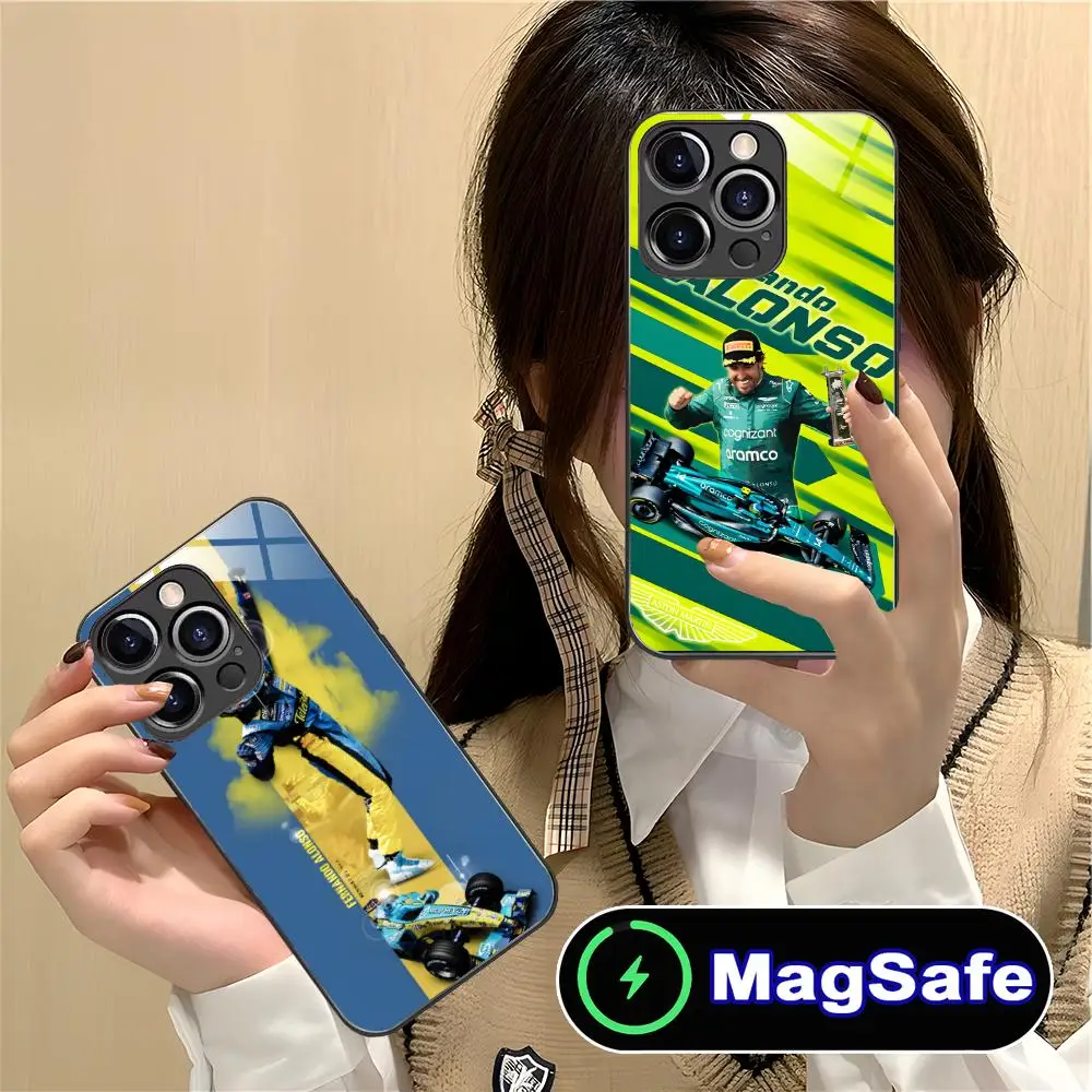 حافظة هاتف Fernando A-Alonso لهاتف iPhone 16 15 14 13 12 11 Pro Max Plus Mini MagSafe شحن لاسلكي زجاجي للهاتف الذكي جميل