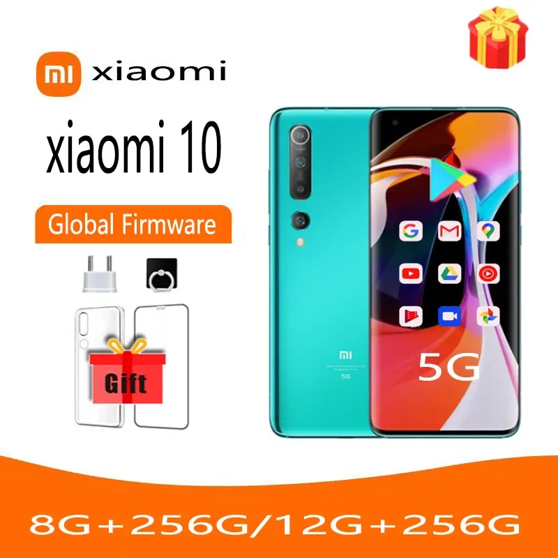 Smartphone 5G Xiaomi 10 Global firmware Cellphone, Snapdragon 865, 4780mAh Battery, 108MP Camera, Android Wireless used phone