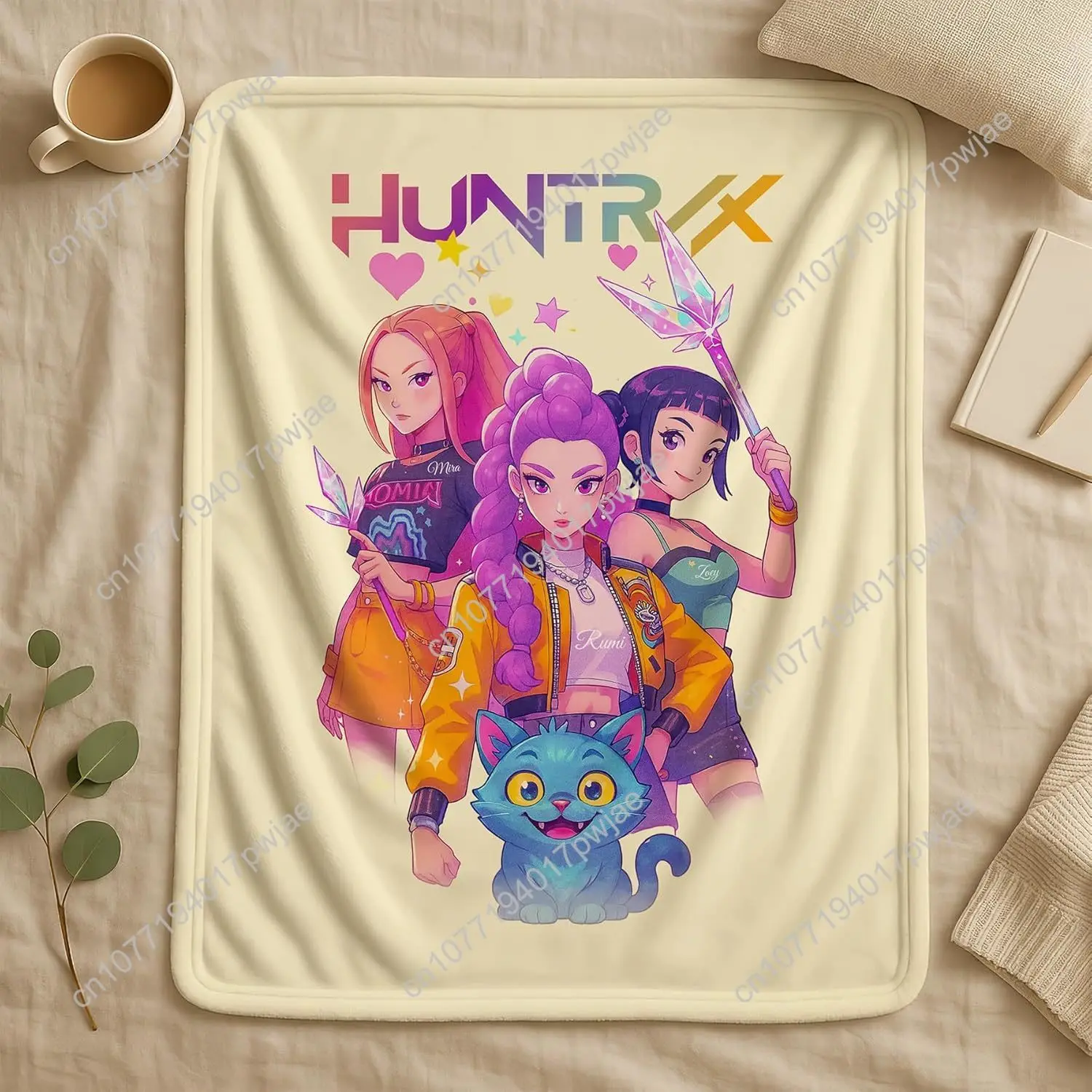 ผ้าห่มลายภาพยนตร์ Demon Pop Hunters ผ้าฟลีซลายกราฟิกจากภาพยนตร์แฟนตาซีเกาหลี แรงบันดาลใจจากไอดอลเพลงป๊อปเกาหลี ผ้าห่มสั่งทำพิเศษ