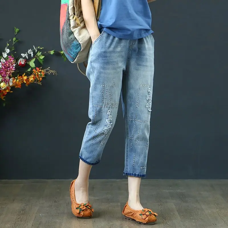 

Denim shorts Summer New Women's Nine Points Jeans Embroidery Elastic Waist Loose Thin Plus Size Jeans For Curvy Ladies All Match