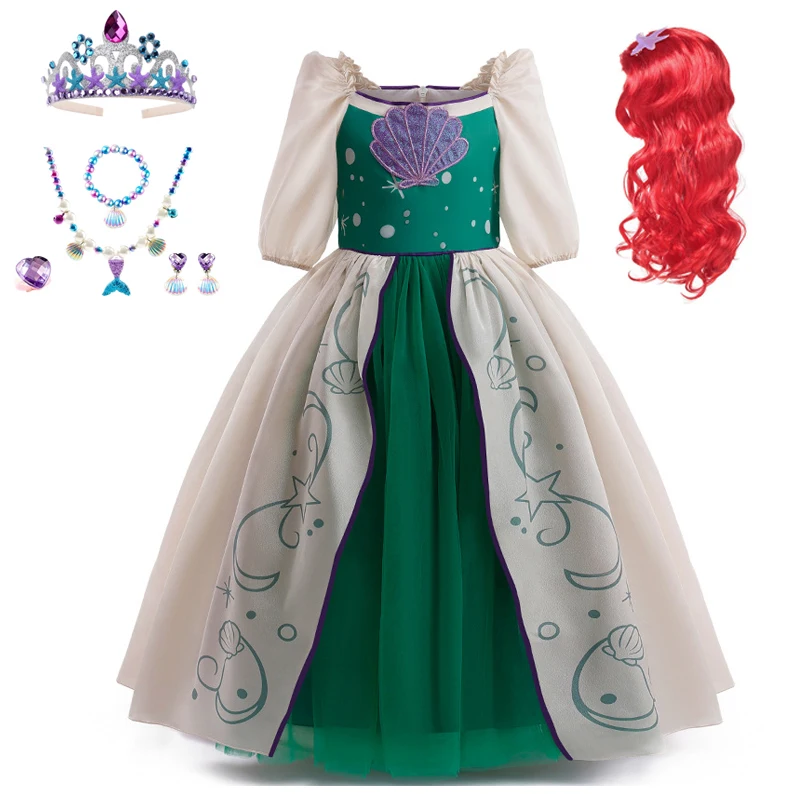 

Carnival Mermaid Cosplay Green Costume Children's Dress+Wig And Pearl Accessories Sets ﻿Girls Birthday Party Princess Dresses