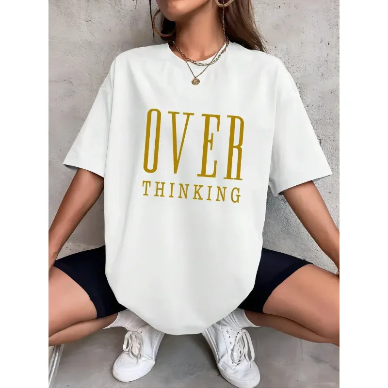 Over thinking letter print women's cotton short breathable vintage o neck top trendy casual T-shirt printed new women's T-shirt