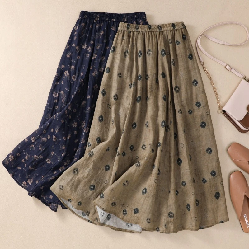 

Chinese Style Women's Skirts Vintage Prints Skirt Cotton Linen High Waist Loose Spring/Summer A-LINE Clothing 2024 Korean