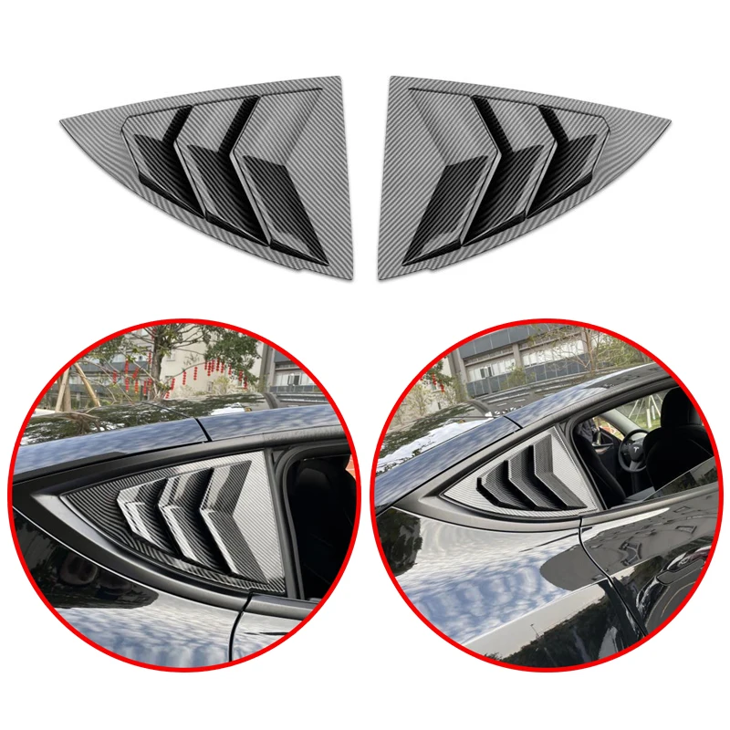 

For Tesla Model Y 2021 ABS Rear Triangular Glass Blinds Decorative Sticker Protective Cover Carbon Fiber Look Or Glassy Black